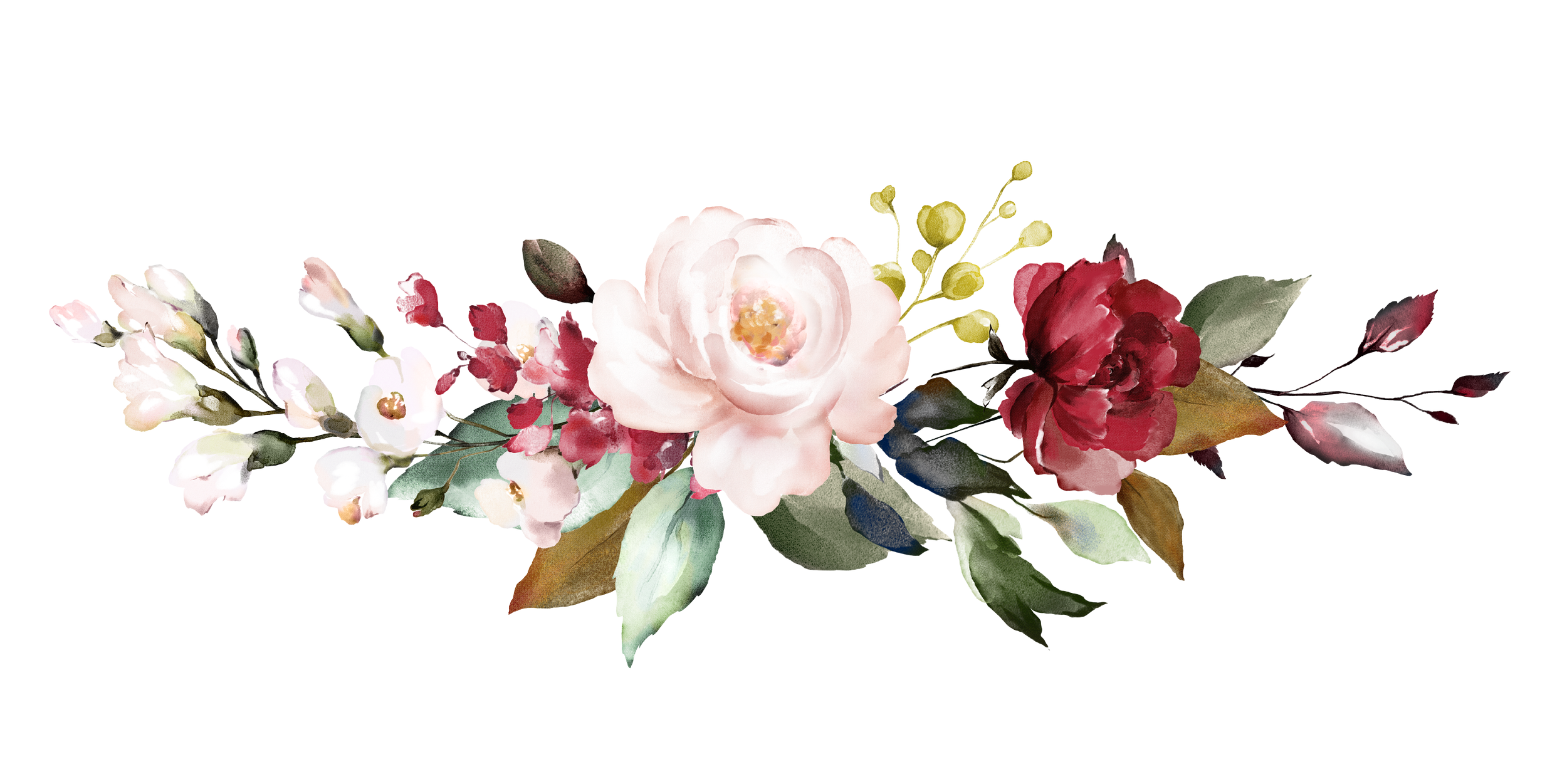 Watercolor floral arrangement with pink and red flowers, white buds, green and brown leaves, and small yellow buds.