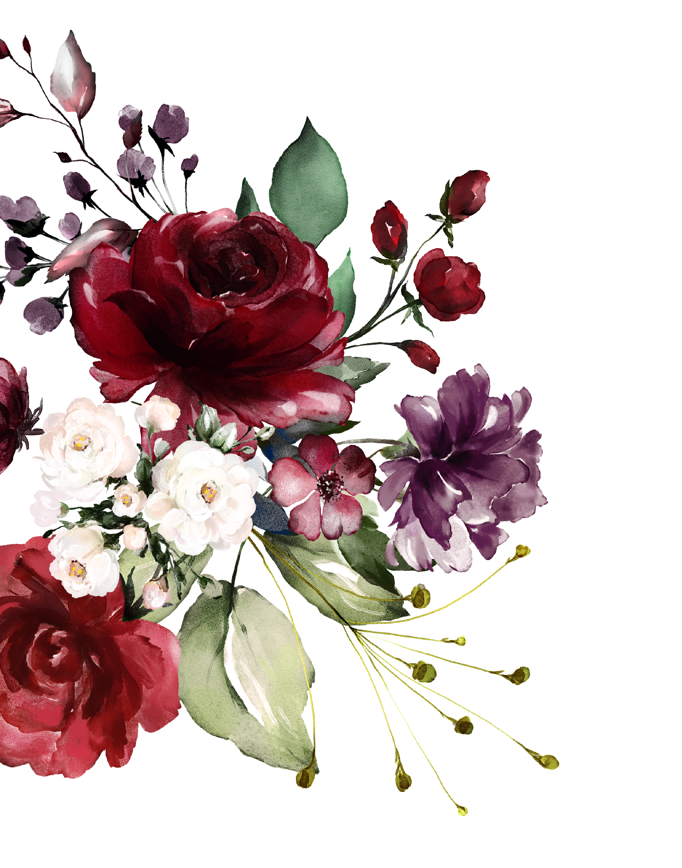 Watercolor illustration of a bouquet of flowers with red roses, white small roses, purple and pink blossoms, green leaves, and yellow-tipped stamens on a black background.