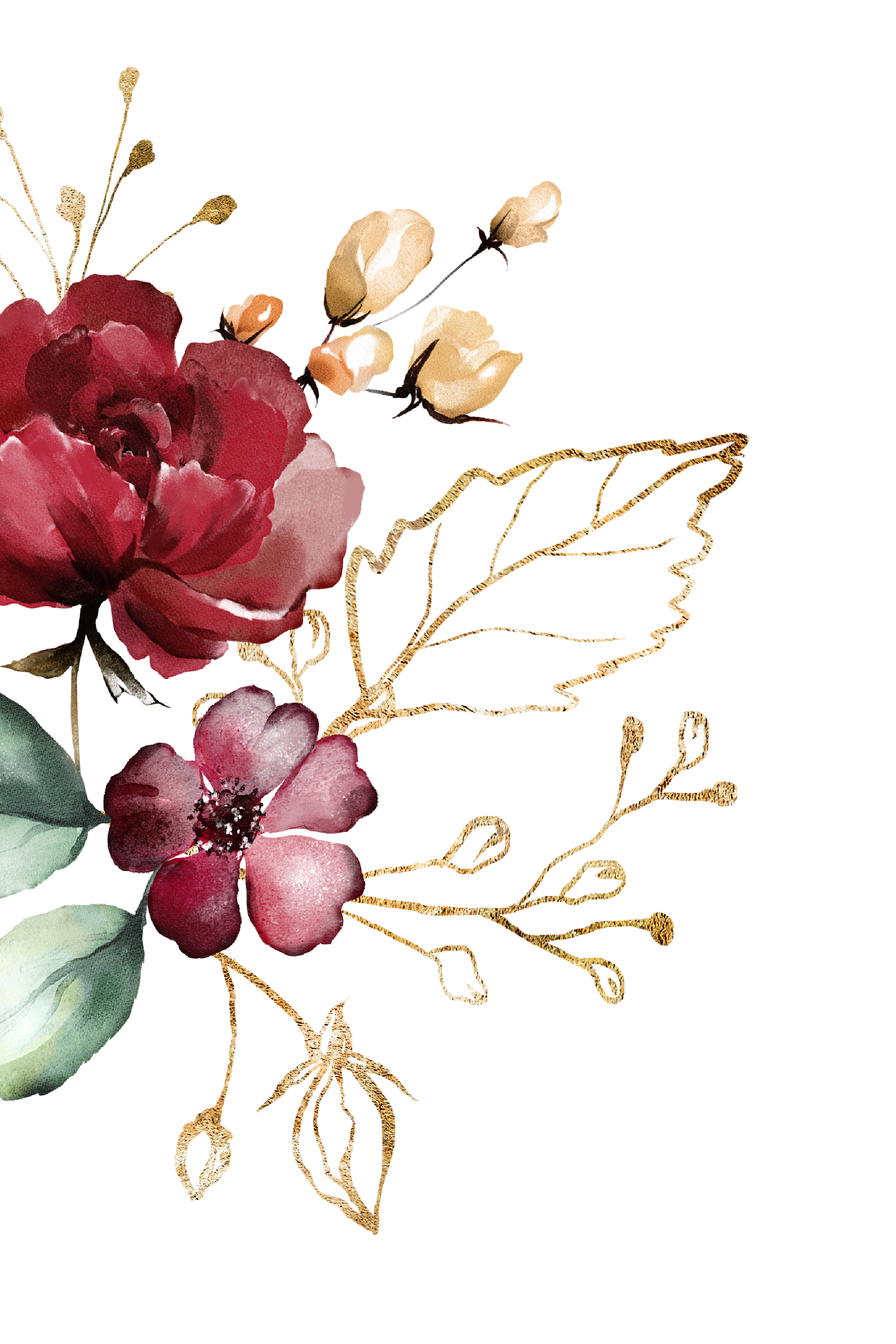 Elegant floral arrangement featuring a large red peony, smaller pink flowers, beige leaves, and golden accents.