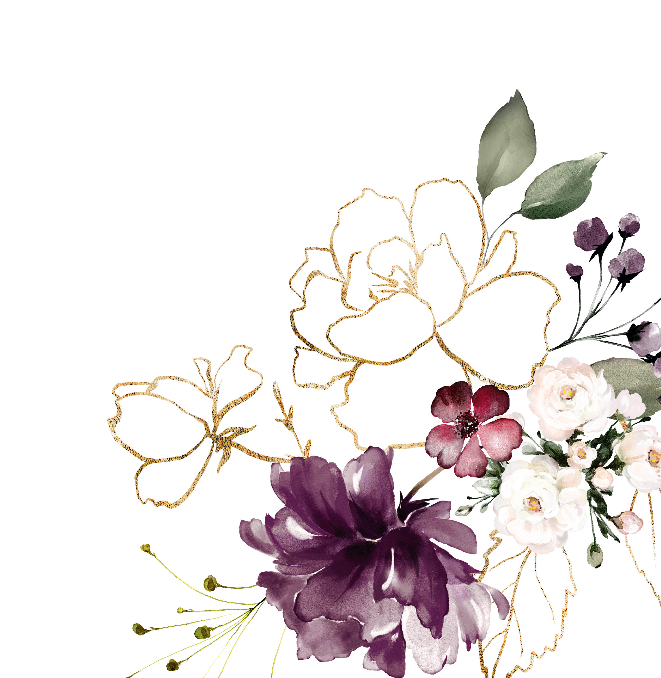 Decorative floral arrangement with purple, white, and pink flowers, green leaves, and gold accents.