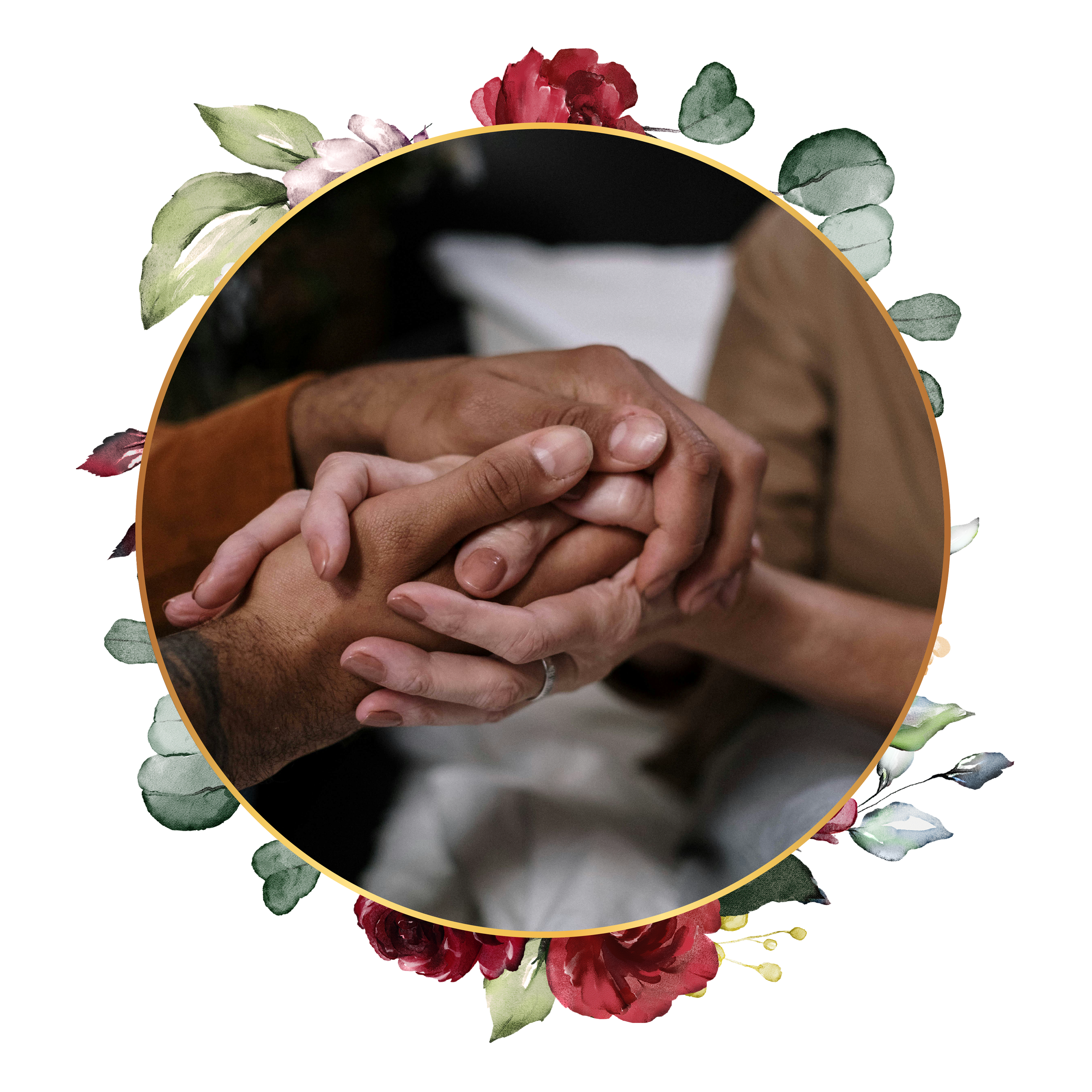 Close-up of three hands gently holding each other, symbolizing support and unity, surrounded by a floral decorative border.