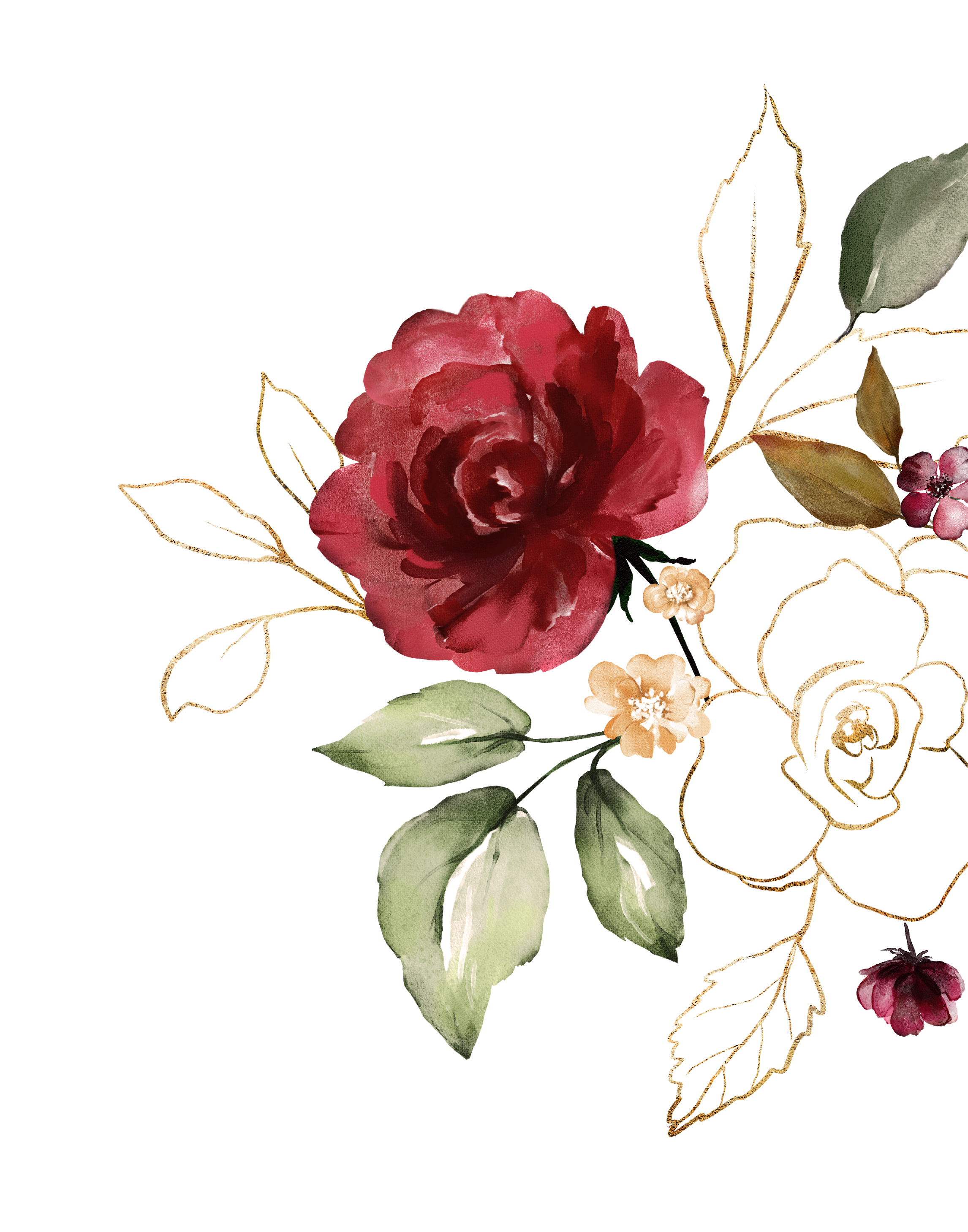 Watercolor floral arrangement with red, pink, peach, and purple flowers, green leaves, and decorative gold accents.