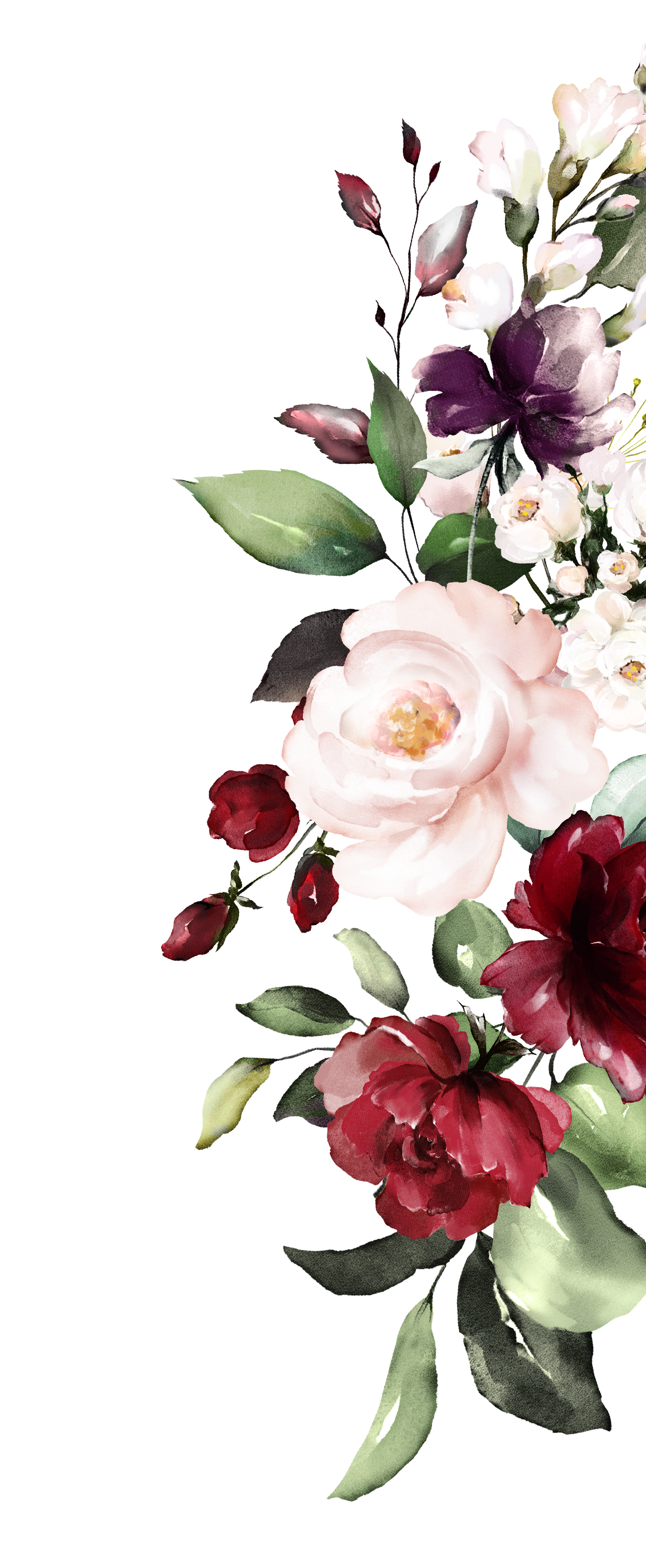 A watercolor illustration of a bouquet of flowers with pink, white, and red blooms and green leaves.