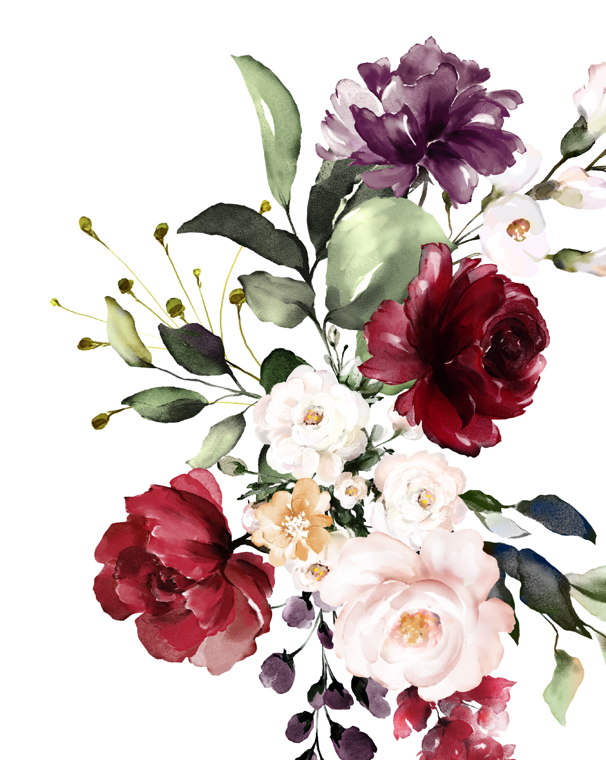 Watercolor floral arrangement with roses, camellias, and assorted greenery in shades of red, white, purple, and cream.