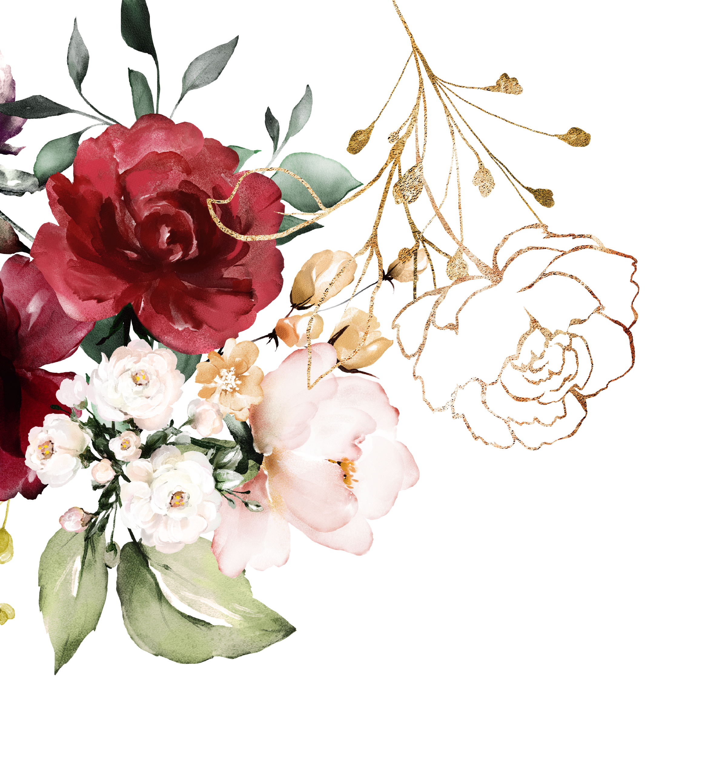 Watercolor bouquet of red, white, and light pink flowers with green leaves and gold decorative spiderweb.