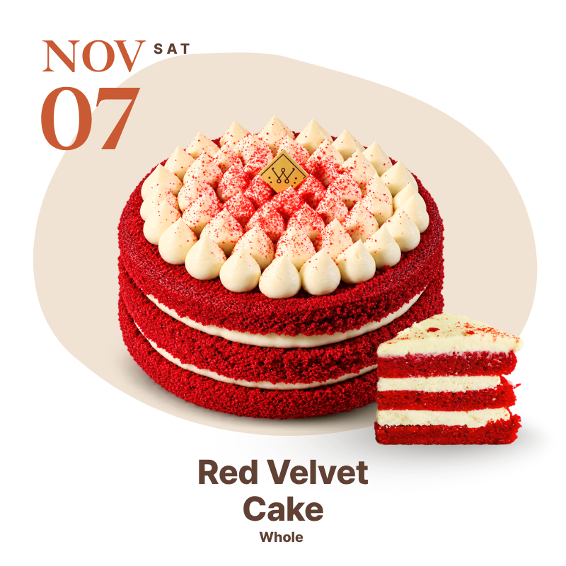 WOW Bakery’s Red Velvet Cake (whole) with layers of red velvet sponge and cream cheese frosting, featured on November 7, 2026, for the 10th Anniversary 10% Off promotion.