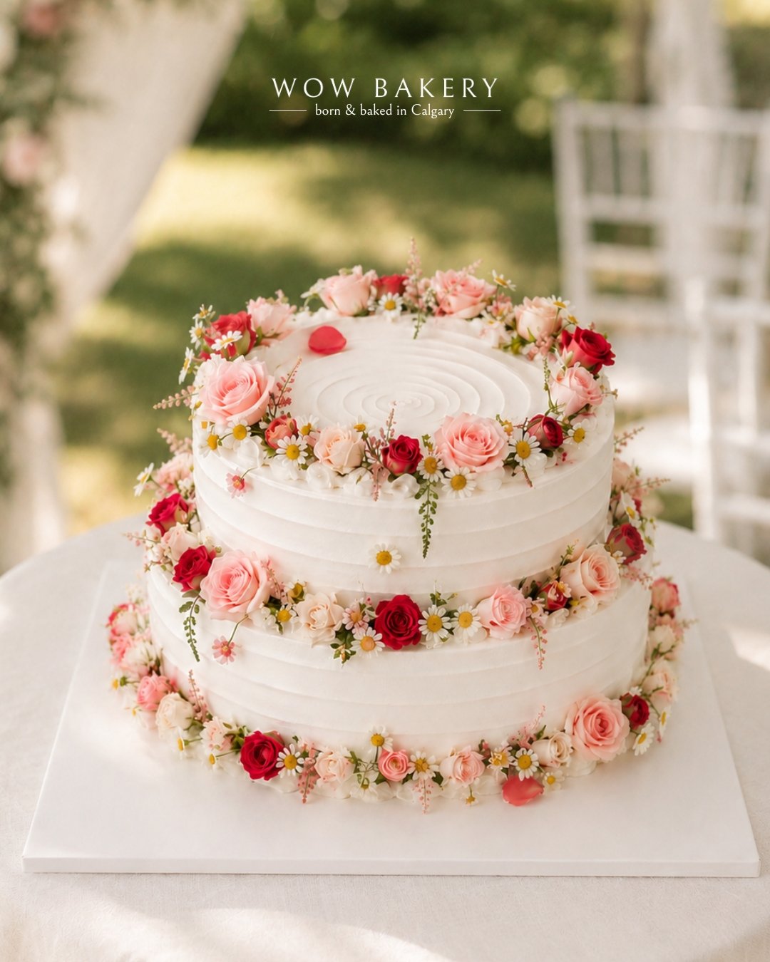 Elegant two-tier floral wedding cake by WOW Bakery in Calgary, decorated with fresh flowers and textured white buttercream for weddings and special celebrations.