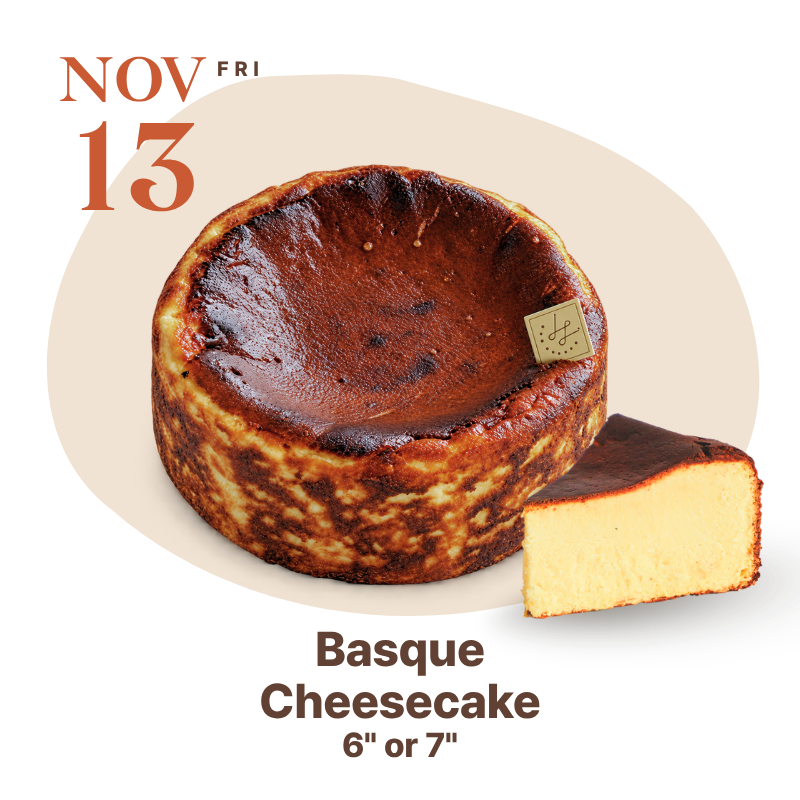 WOW Bakery’s Basque Cheesecake with a caramelized top and creamy centre, displayed with a slice, featured on November 13, 2026, for the 10th Anniversary 10% Off promotion.