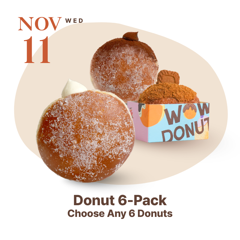 WOW Bakery’s Donut 6-Pack featuring a selection of freshly made donuts, featured on November 11, 2026, for the 10th Anniversary 10% Off promotion.