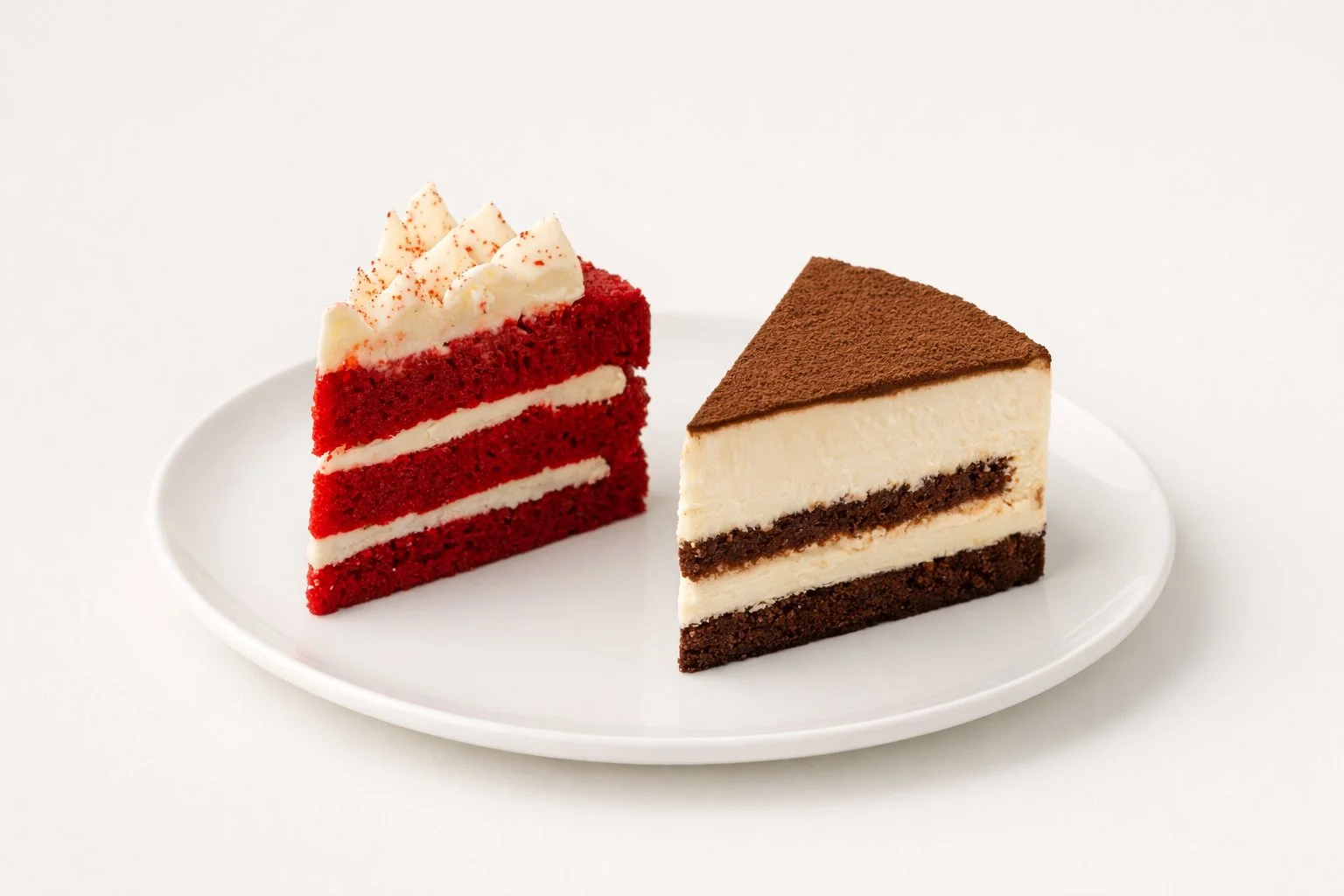 Red velvet cake slice and tiramisu cake slice on a white plate from WOW Bakery.