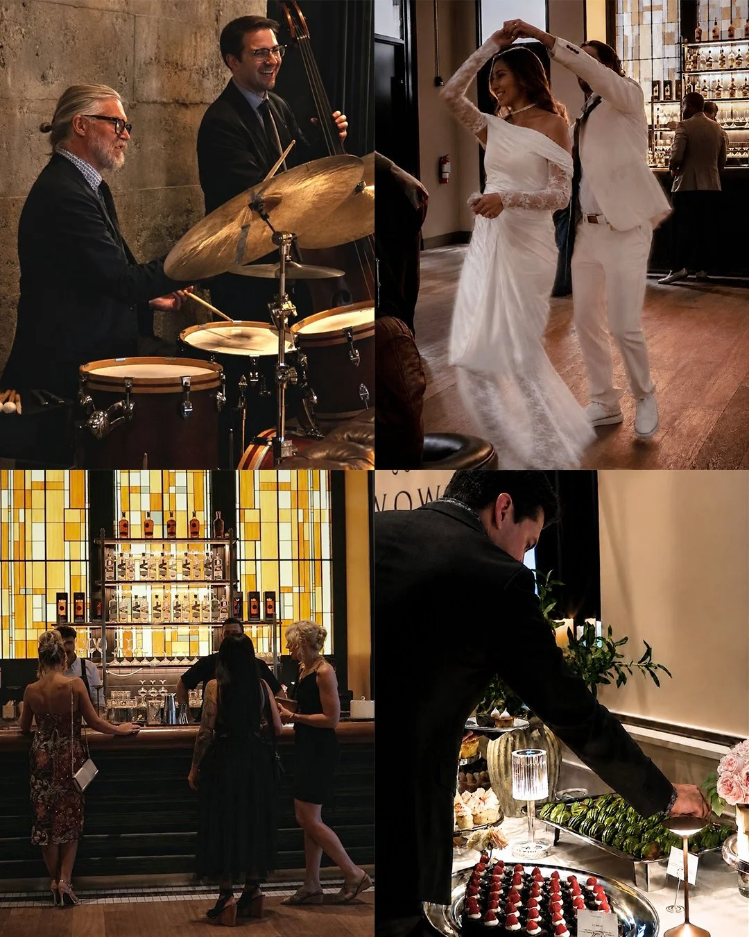 Wild Wedding event at True Wild Distilling in Calgary featuring live music, dancing, guests, and WOW Bakery’s dessert table