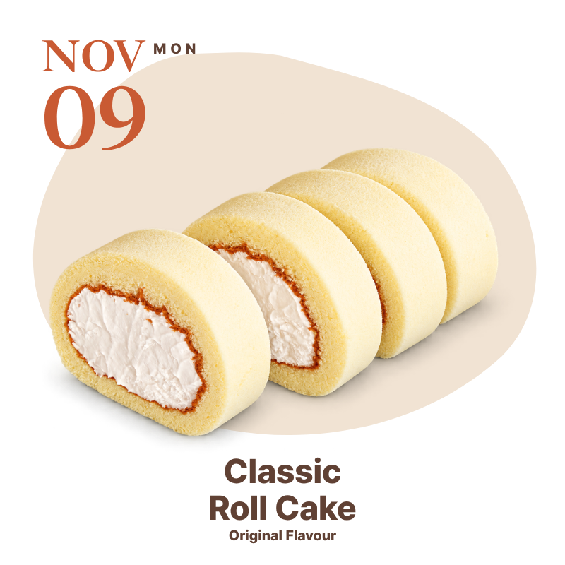 WOW Bakery’s Classic Roll Cake (Original Flavour) featuring soft sponge cake rolled with fresh cream, featured on November 9, 2026, for the 10th Anniversary 10% Off promotion.