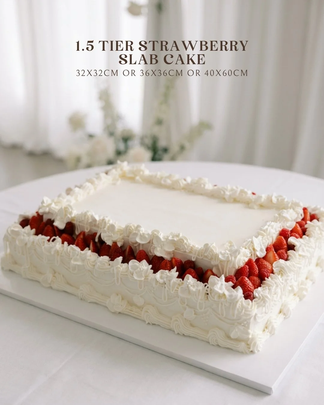 Strawberry slab cake with fresh strawberries, white buttercream piping, and elegant pearl details.