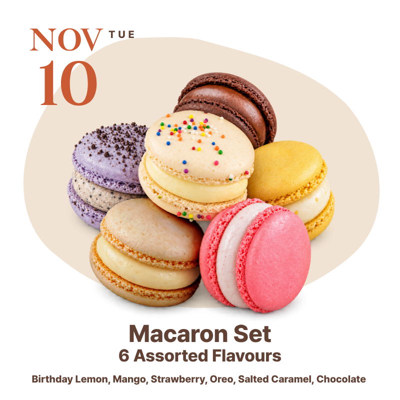 WOW Bakery’s Macaron Set featuring six assorted flavours: Birthday Lemon, Mango, Strawberry, Oreo, Salted Caramel, and Chocolate, featured on November 10, 2026, for the 10th Anniversary 10% Off promotion.