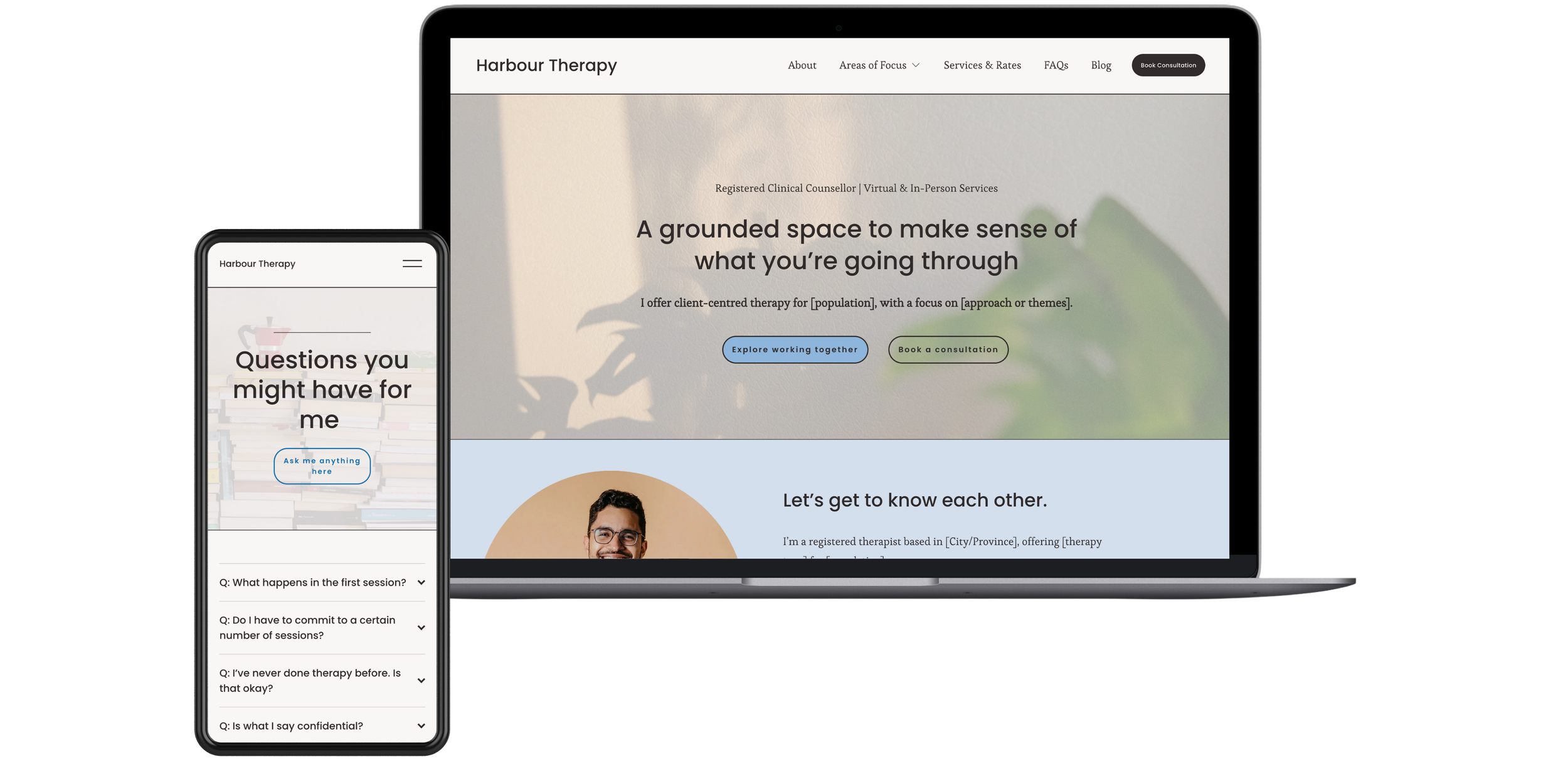 Website displayed on a laptop and smartphone screens for Harbour Therapy, a counseling service, showing a homepage with text about therapy, and a Q&A section with questions for clients.