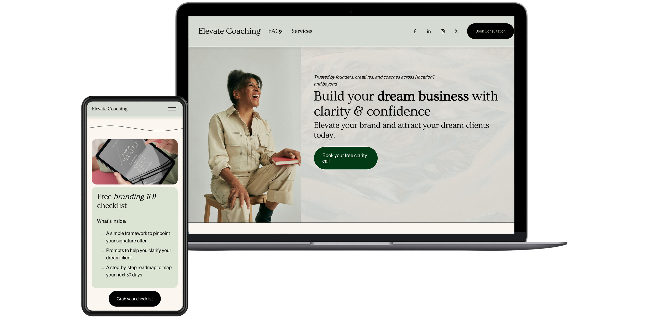 A laptop and smartphone displaying the website of Elevate Coaching, promoting building a dream business with clarity and confidence, with a call to action button. The smartphone shows a checklist for branding 101.