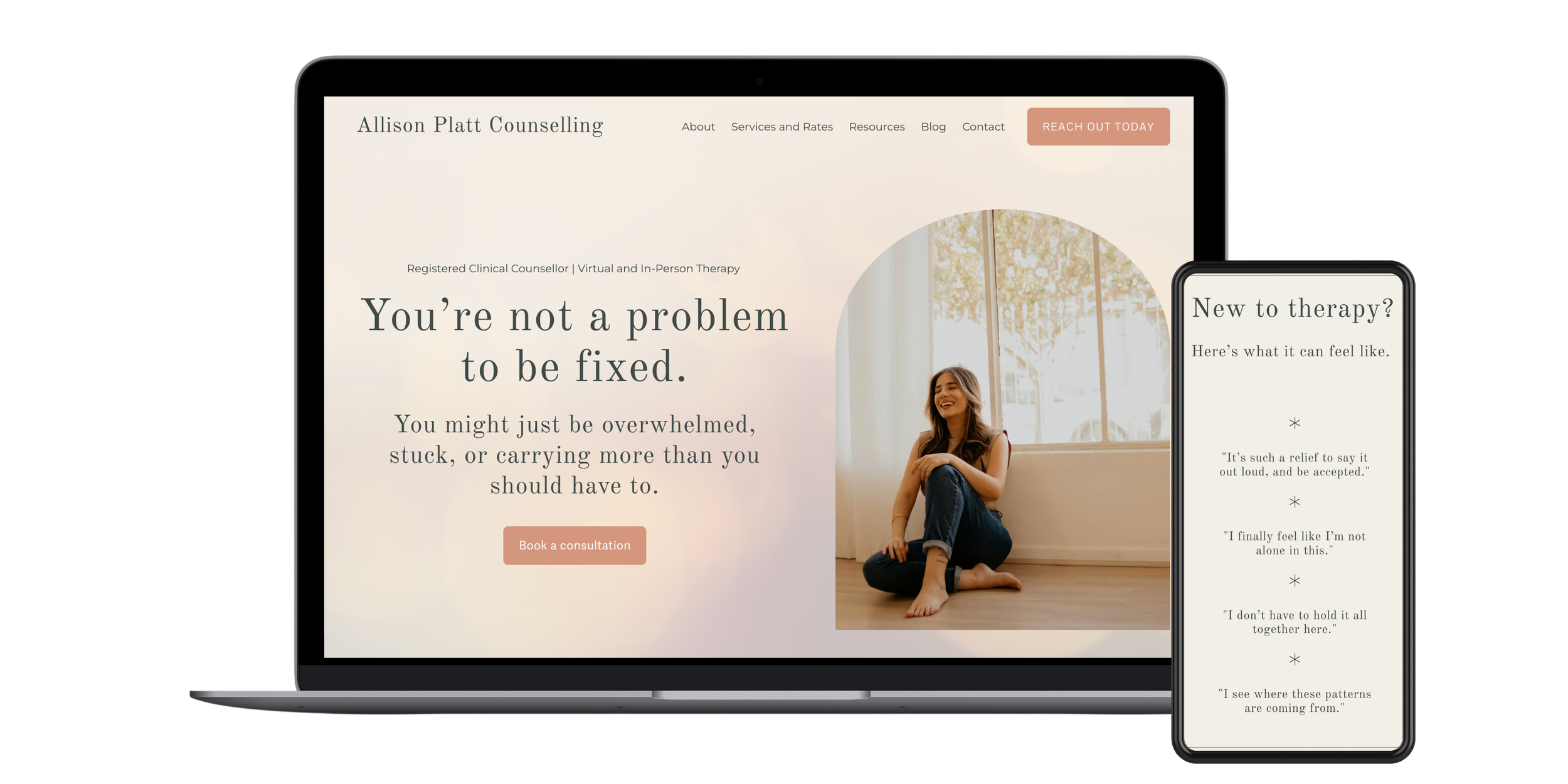 A laptop displaying the homepage of Allison Platt Counselling, featuring a smiling woman sitting by a window. A smartphone shows a page titled 'New to therapy?' with quotes about therapy.