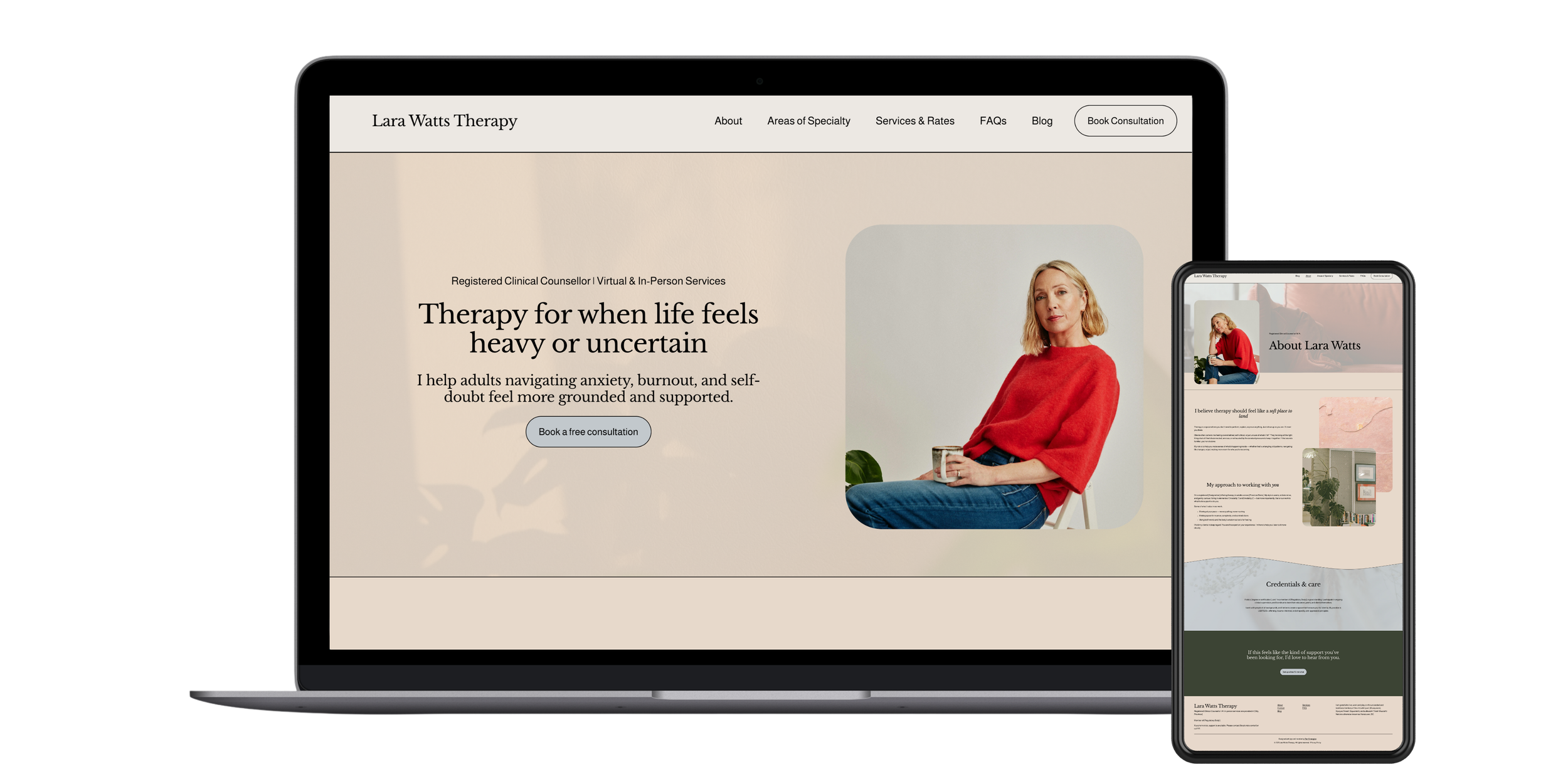 A laptop and a smartphone display a therapy website for Lara Watts Therapy, featuring a woman sitting in a chair wearing a red sweater, with text about therapy services for anxiety, burnout, and self-doubt.