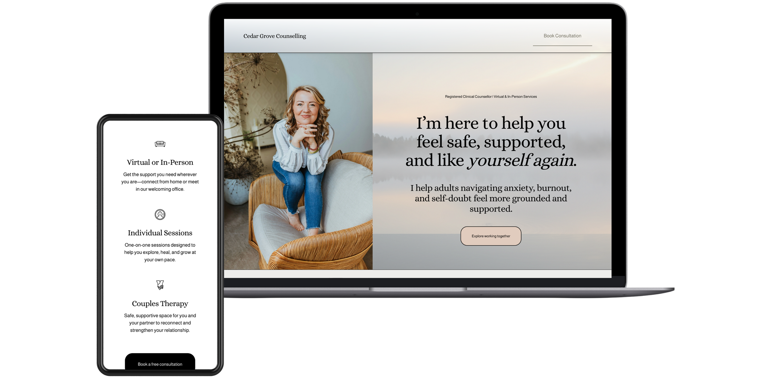 Laptop and smartphone displaying therapy and counseling services website, featuring a woman sitting on a chair, with text about support, safety, and self-growth.