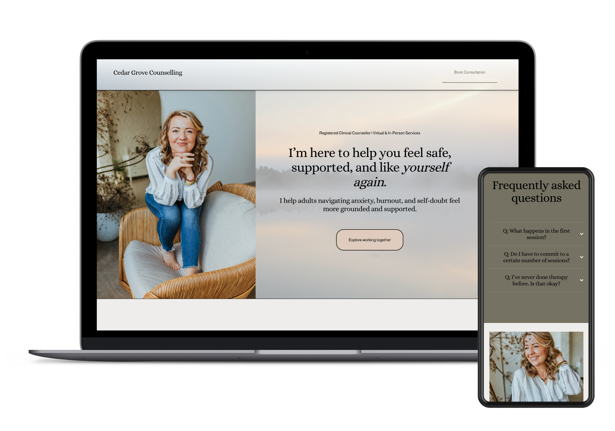 Website on laptop and phone screens advertising Cedar Grove Counselling, featuring a woman sitting on a chair, and text about helping adults feel safe and supported.