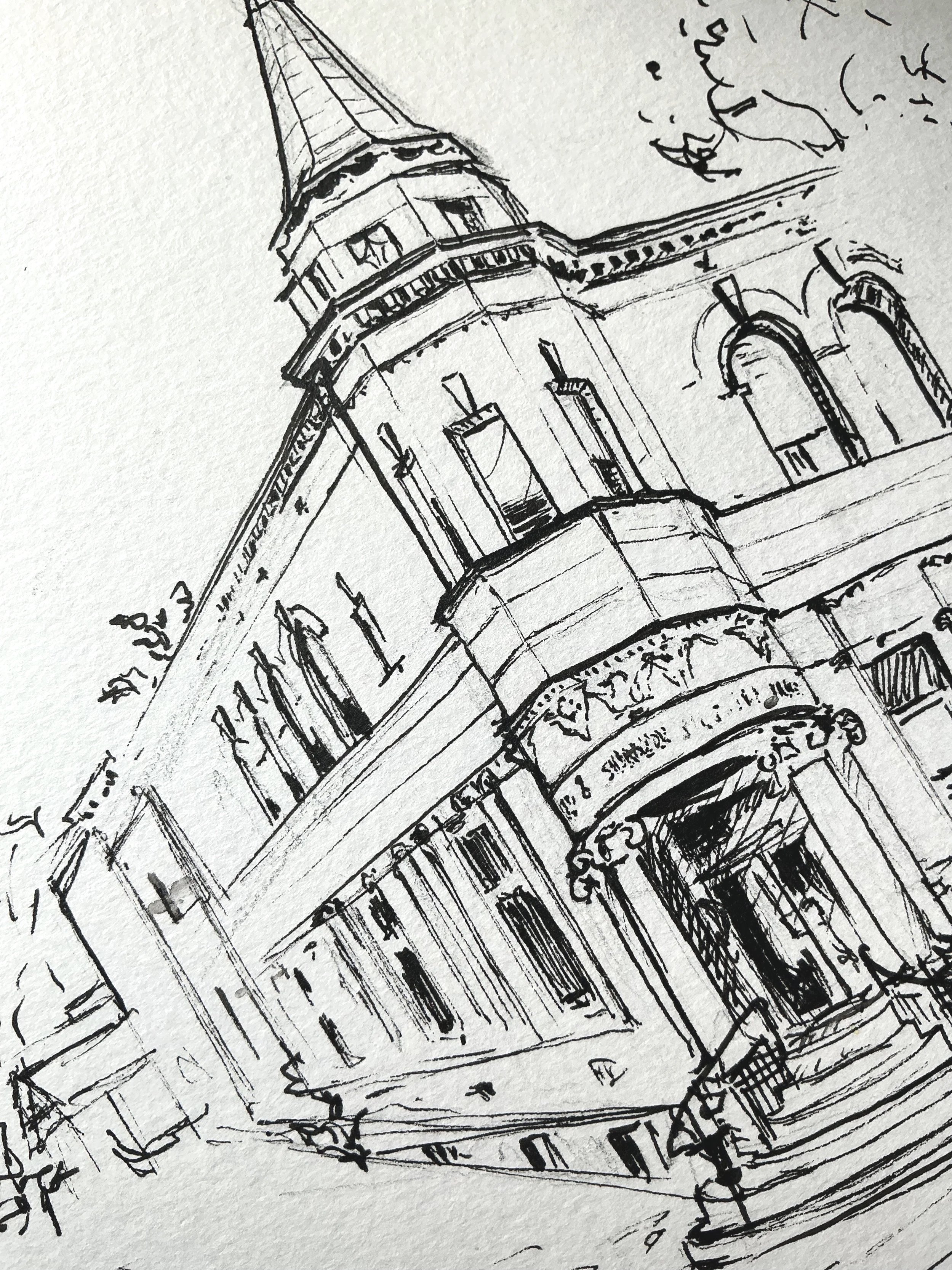 Détail de carnet à croquis, ancienne caserne de pompiers de Sherbrooke, Micron sur papier cellulose, 2025.