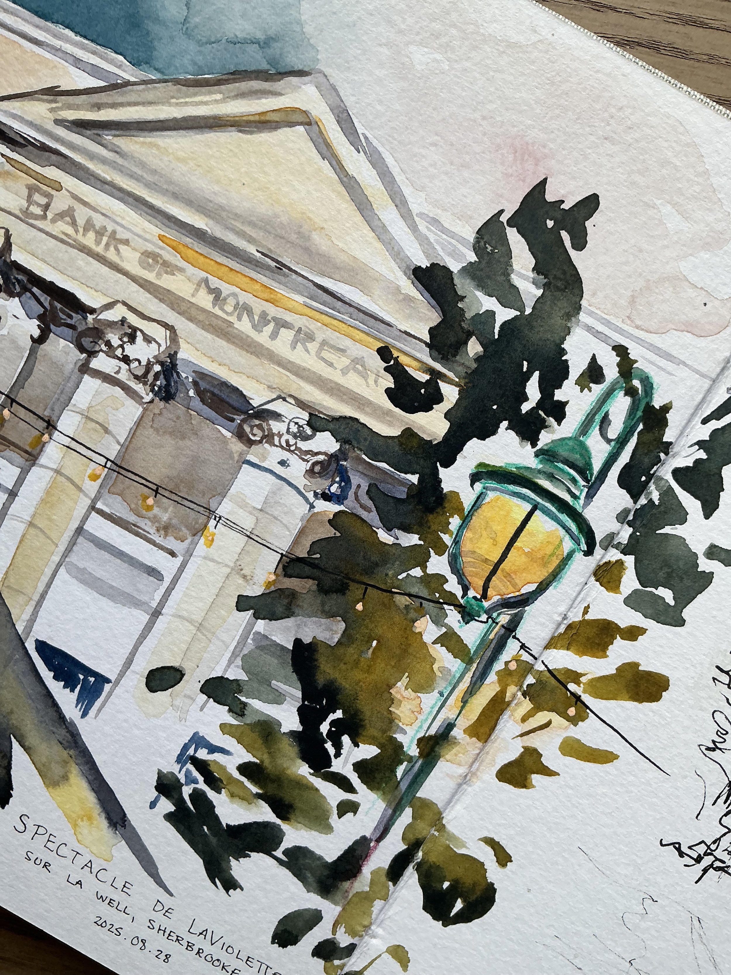 Spectable sur la Well, détail de carnet à croquis, aquarelle sur papier cellulose, 2025.