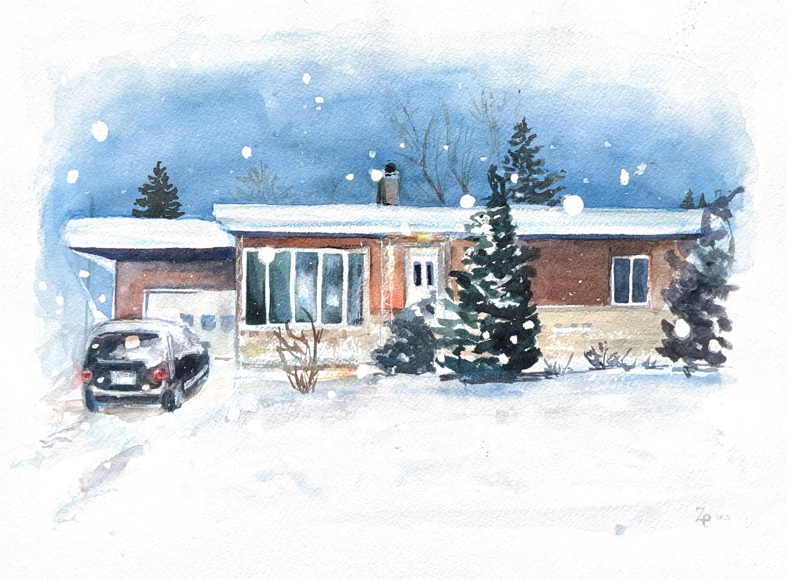 Watercolor painting of a snowy house with a car parked outside, surrounded by snow-covered trees and a blue sky.