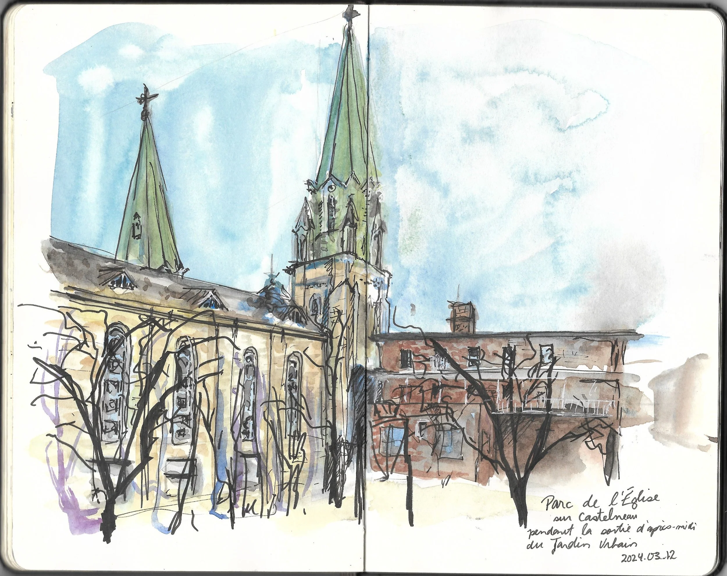 A watercolor sketch of a church with tall green steeples, bare trees in foreground, and a brick building to the right. Handwritten note in French indicates it's a park near a castle during early afternoon in a city garden, dated March 12, 2024.