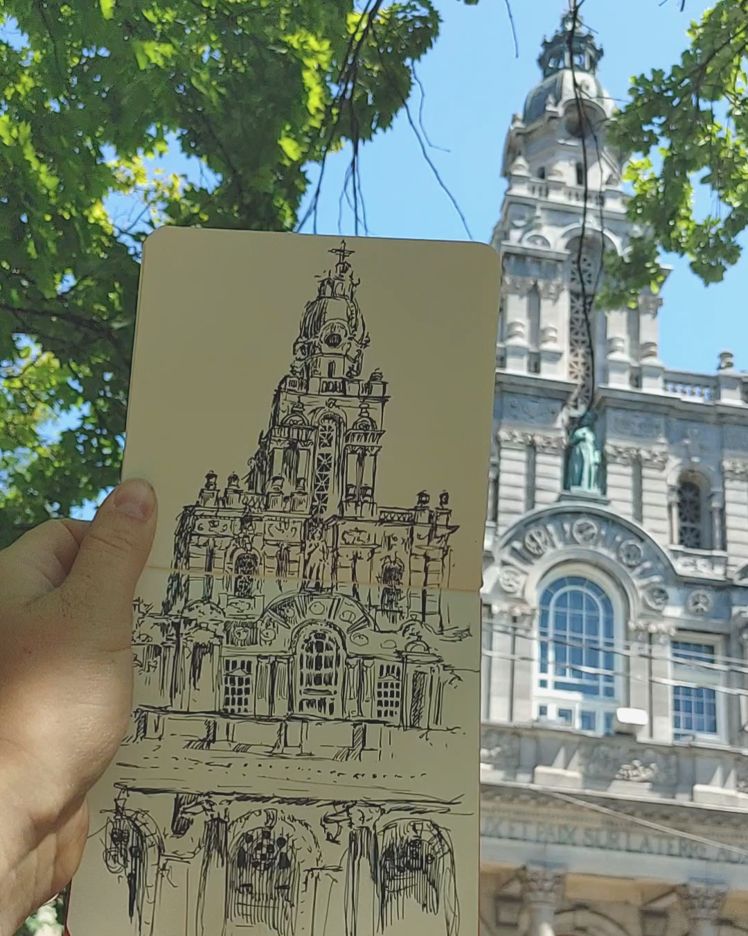 Urban sketch in ink of a man in a parc Lahaie.