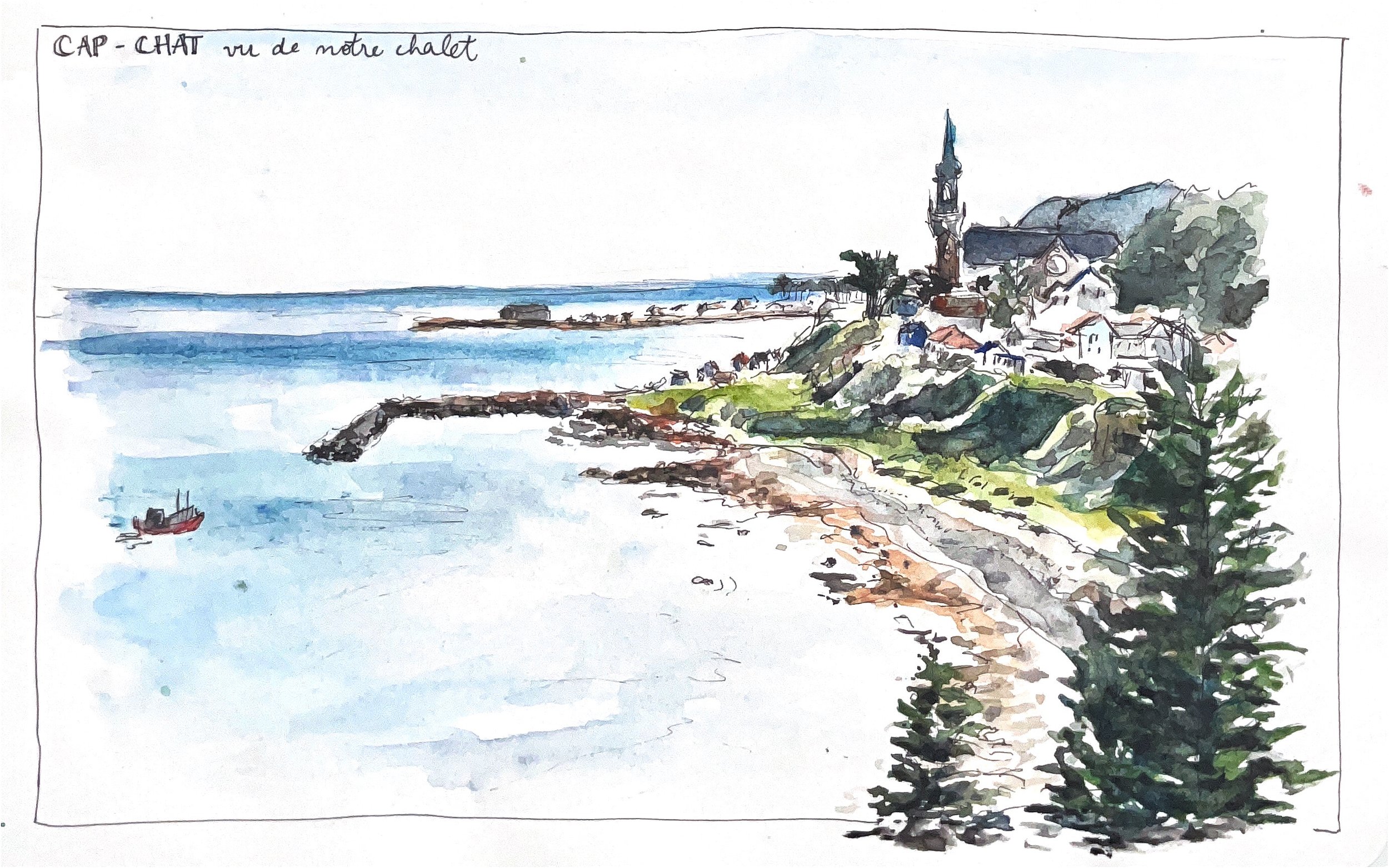 𝑪𝒂𝒑-𝑪𝒉𝒂𝒕 𝒗𝒖𝒆 𝒅𝒆 𝒏𝒐𝒕𝒓𝒆 𝒄𝒉𝒂𝒍𝒆𝒕, détail de carnet à croquis, aquarelle sur papier mixmedia, 21 x 15 cm, 2020.