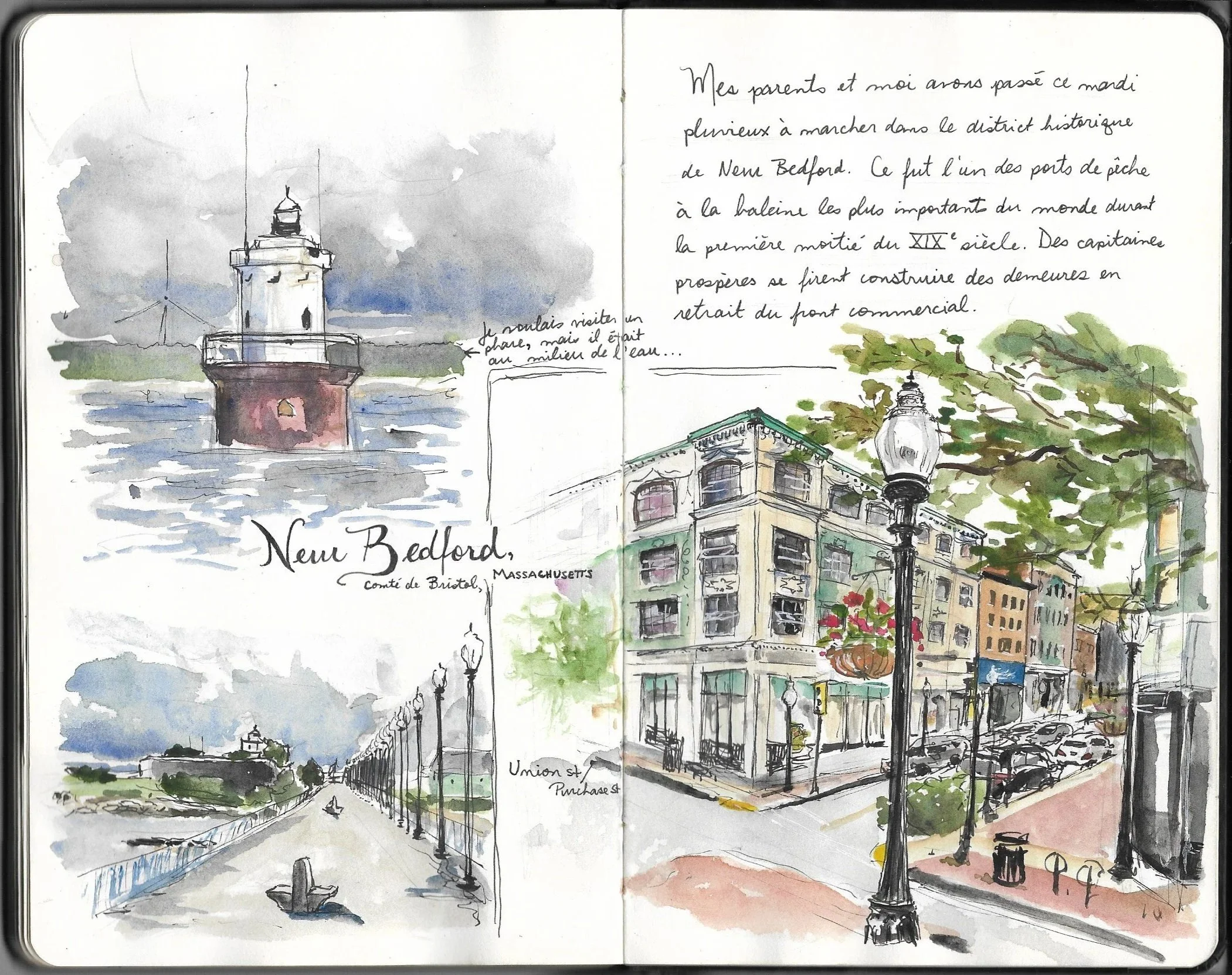 A watercolor sketchbook page featuring a watercolor painting of the New Bedford lighthouse and a drawing of a street corner in New Bedford, Massachusetts, with buildings, trees, street lamps, and parked cars, accompanied by handwritten notes in French.