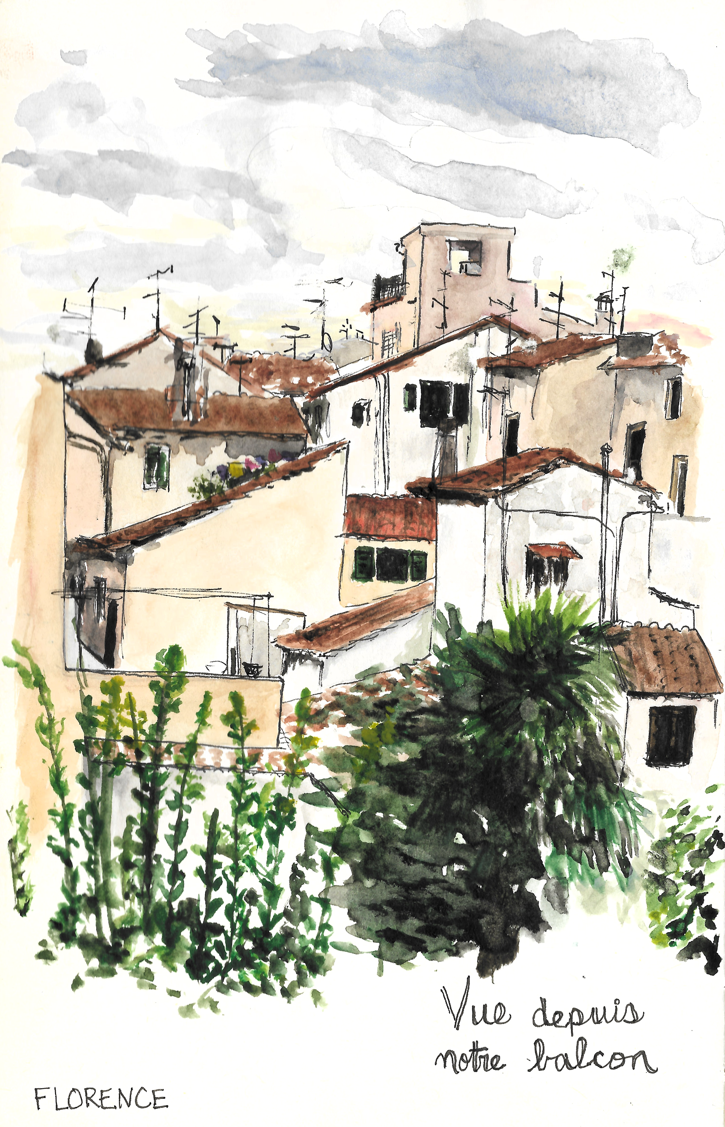 Watercolor painting of a hillside view of white and beige houses with red roofs and green windows, overlooking Florence, with a cloudy sky and some shrubbery in the foreground.