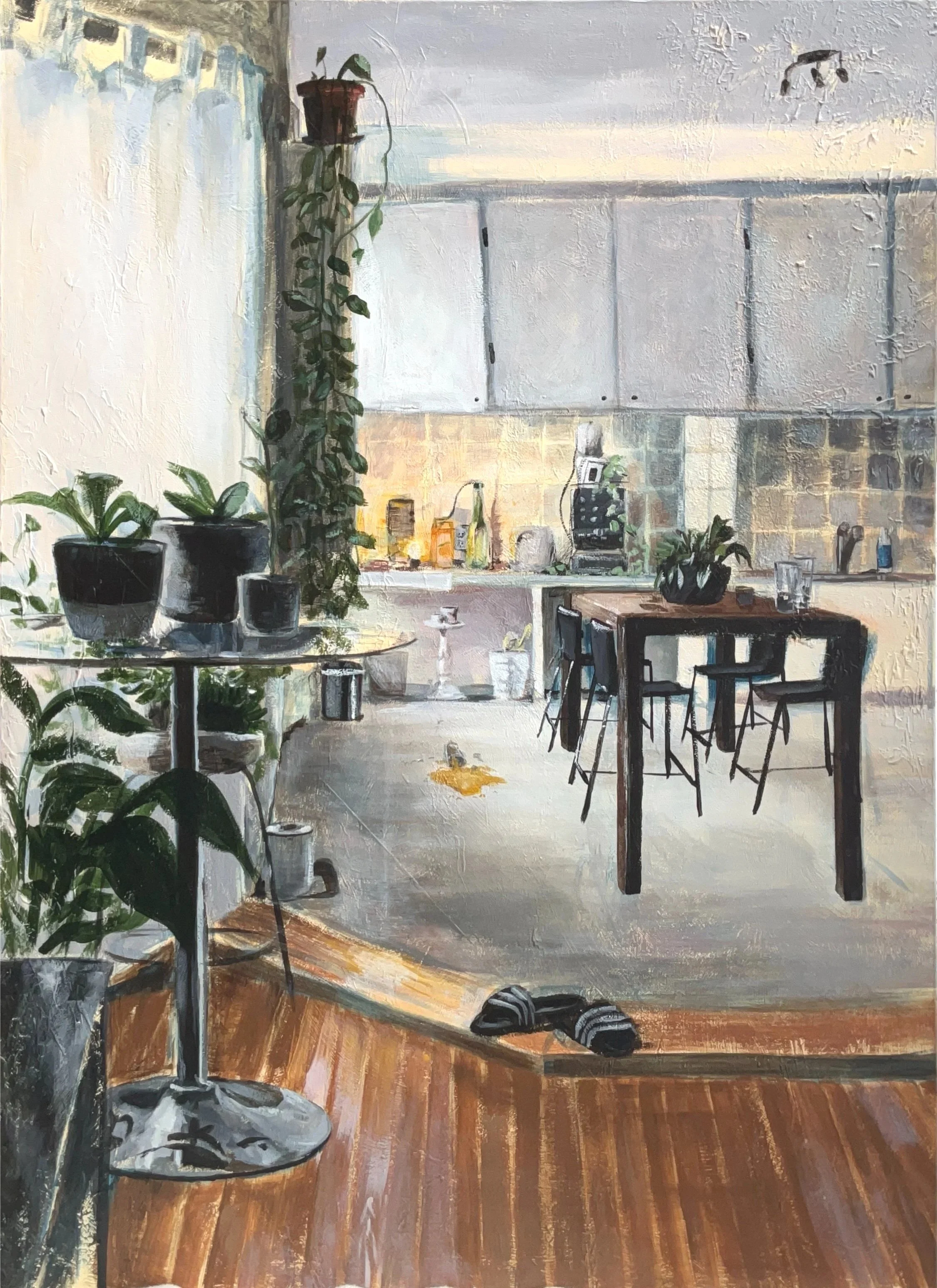 Painting of a cozy kitchen and dining area with potted plants, a table with chairs, and shoes on a wooden floor.