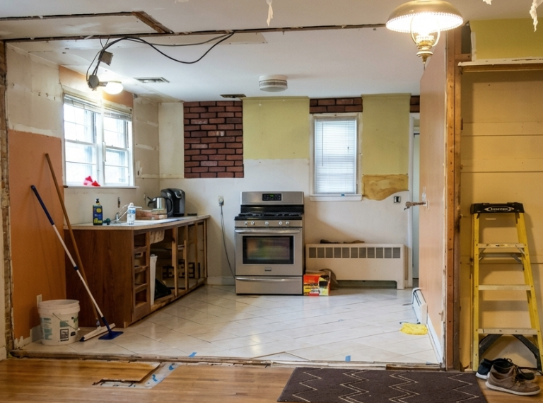 Kitchen under renovation with unfinished walls, a stove, a countertop with cleaning supplies, a broom, and a yellow ladder.