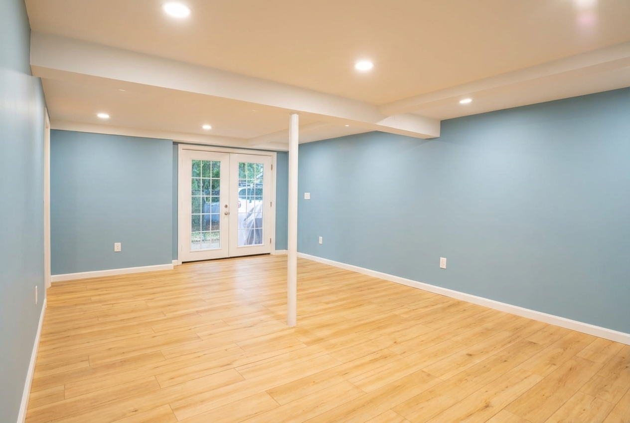 Empty living room with light blue walls, hardwood flooring, white baseboards, and a white ceiling with recessed lighting. French doors lead outside, and a white support pole stands in the room.