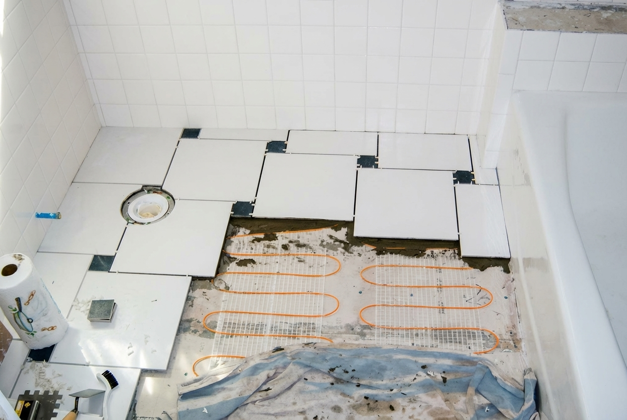 Bathroom under renovation showing partially installed white tiles, a floor with radiant heating mats, and construction tools and materials.