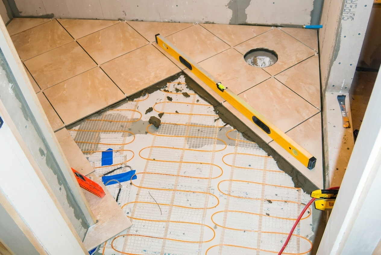 Bathroom renovation in progress with underfloor heating installation, showing ceramic tiles partially laid and an open space for plumbing, with tools and construction materials around.