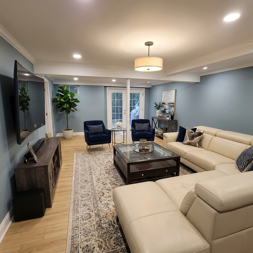 A modern living room with a large cream sectional sofa, two dark blue armchairs, a glass-top coffee table, and a flat-screen TV mounted on the wall. There are potted plants, a side table, and a painting on the wall, with French doors leading outside.