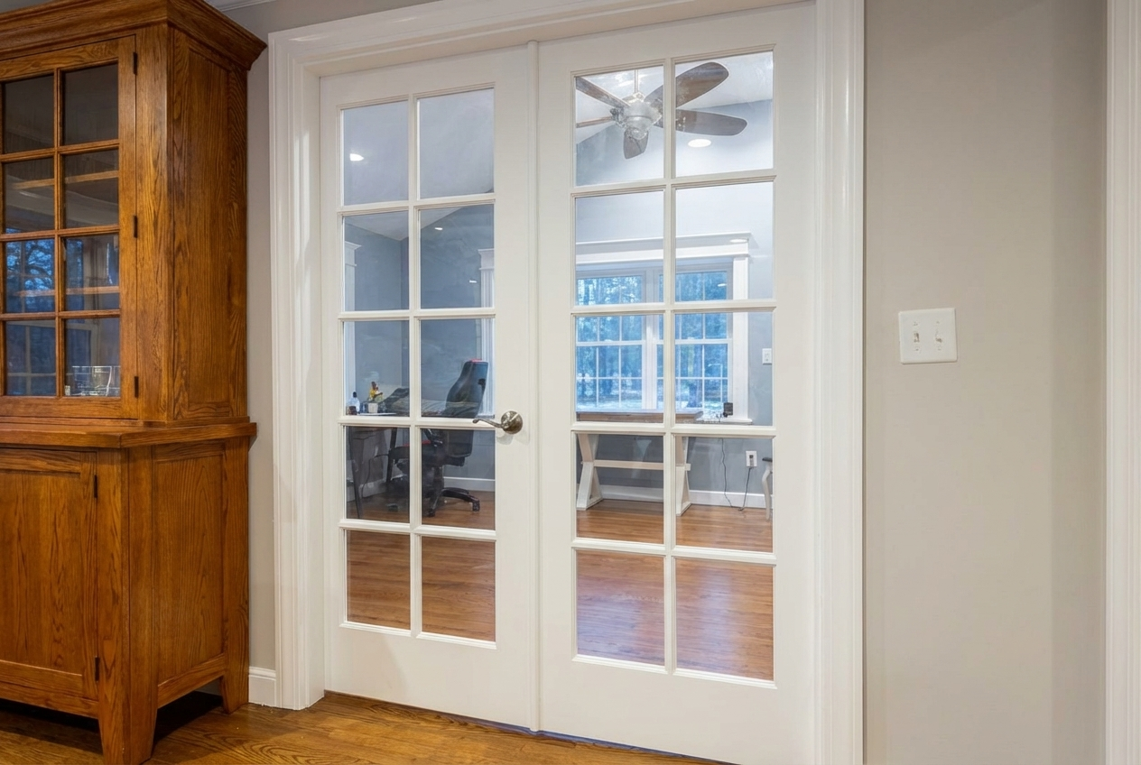 Interior view of a room with glass-paneled French doors leading to a bright indoor space with large windows, a ceiling fan, a desk, a chair, and hardwood floors.