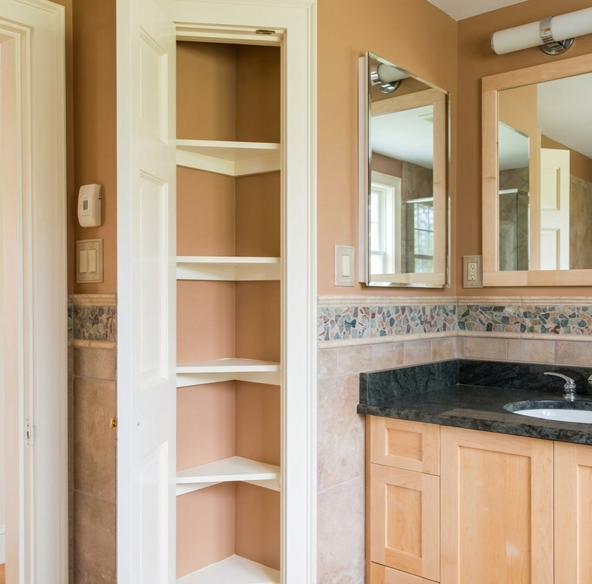 Bathroom with open built-in shelves, a mirror, a skylight, and a black countertop.