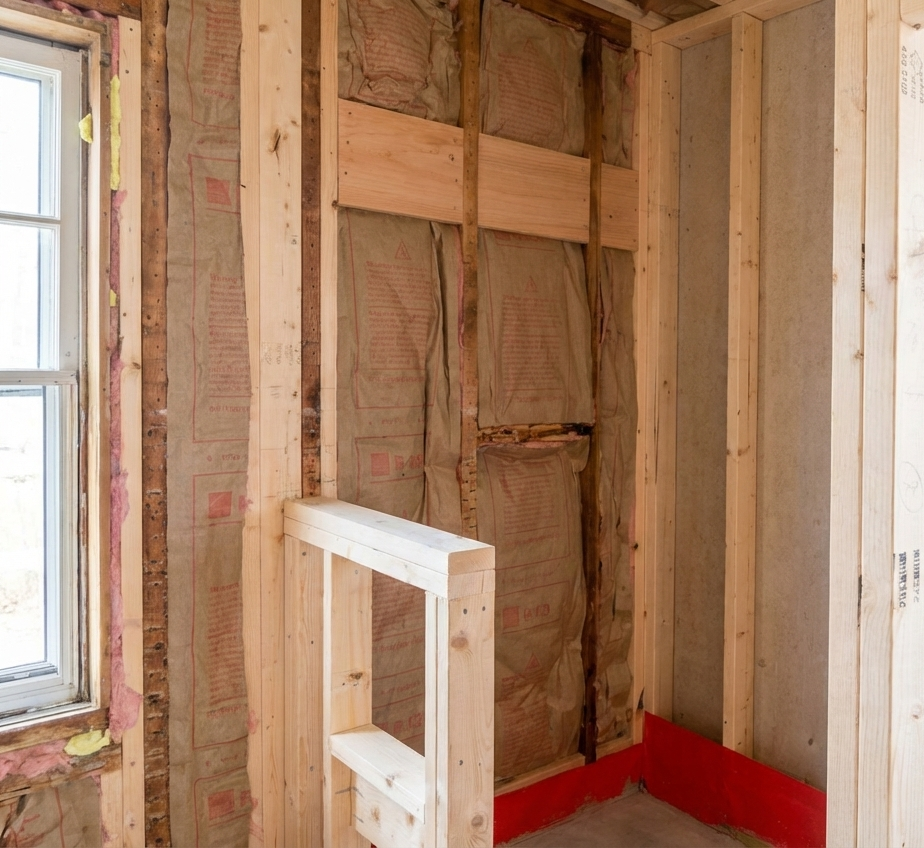 Interior of a house under construction with exposed wood framing and insulation, window on the left, and red protective wall base on the floor corner.