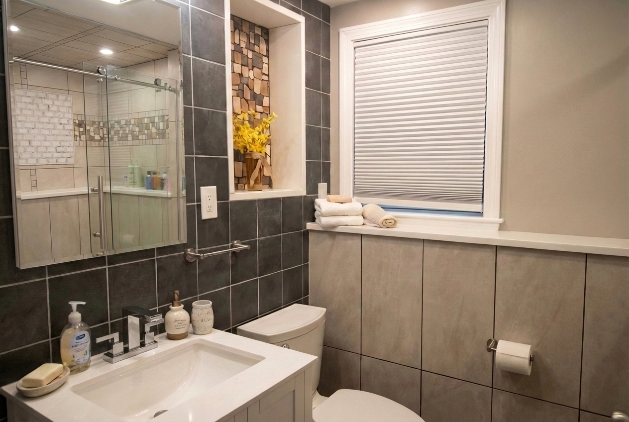 Bathroom with gray tiled walls, a mirror, a white sink with soap and hand sanitizer, a toilet with folded towels on top, a window with a closed white blind, and decorative elements including a vase with yellow flowers and a niche with stacked firewood.