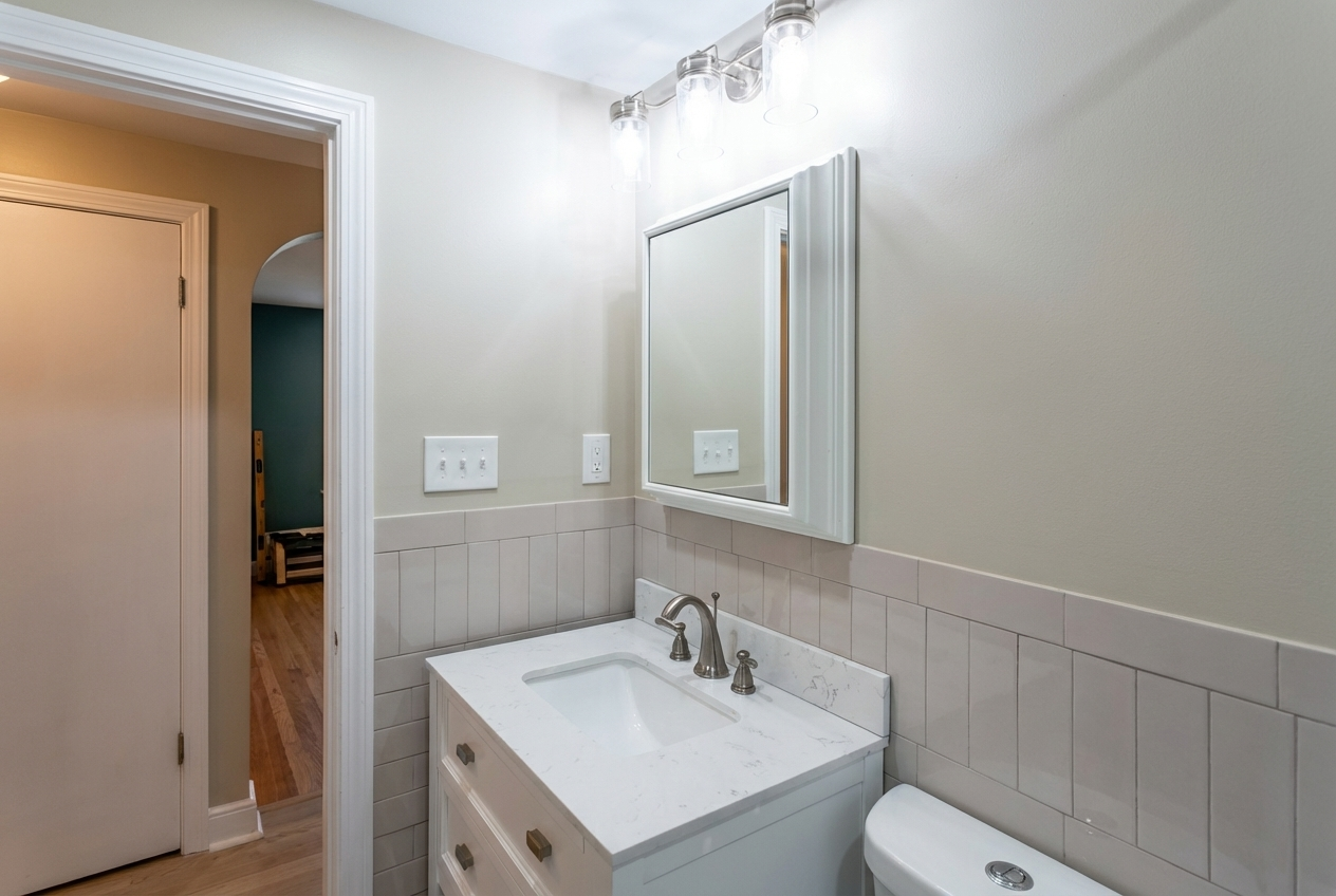 Bathroom with white vanity, marble countertop, oval sink, bronze faucet, white tile wall, mirrored medicine cabinet, and three light fixtures above.
