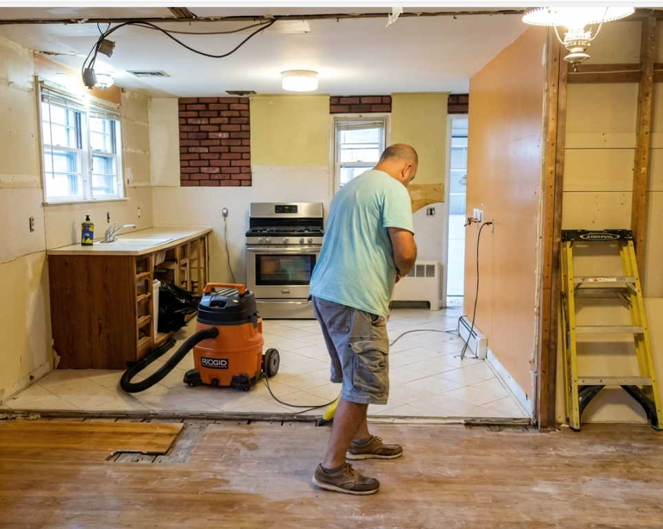 A man working on a home renovation in a kitchen, with exposed wall framing, a yellow ladder, and construction tools.