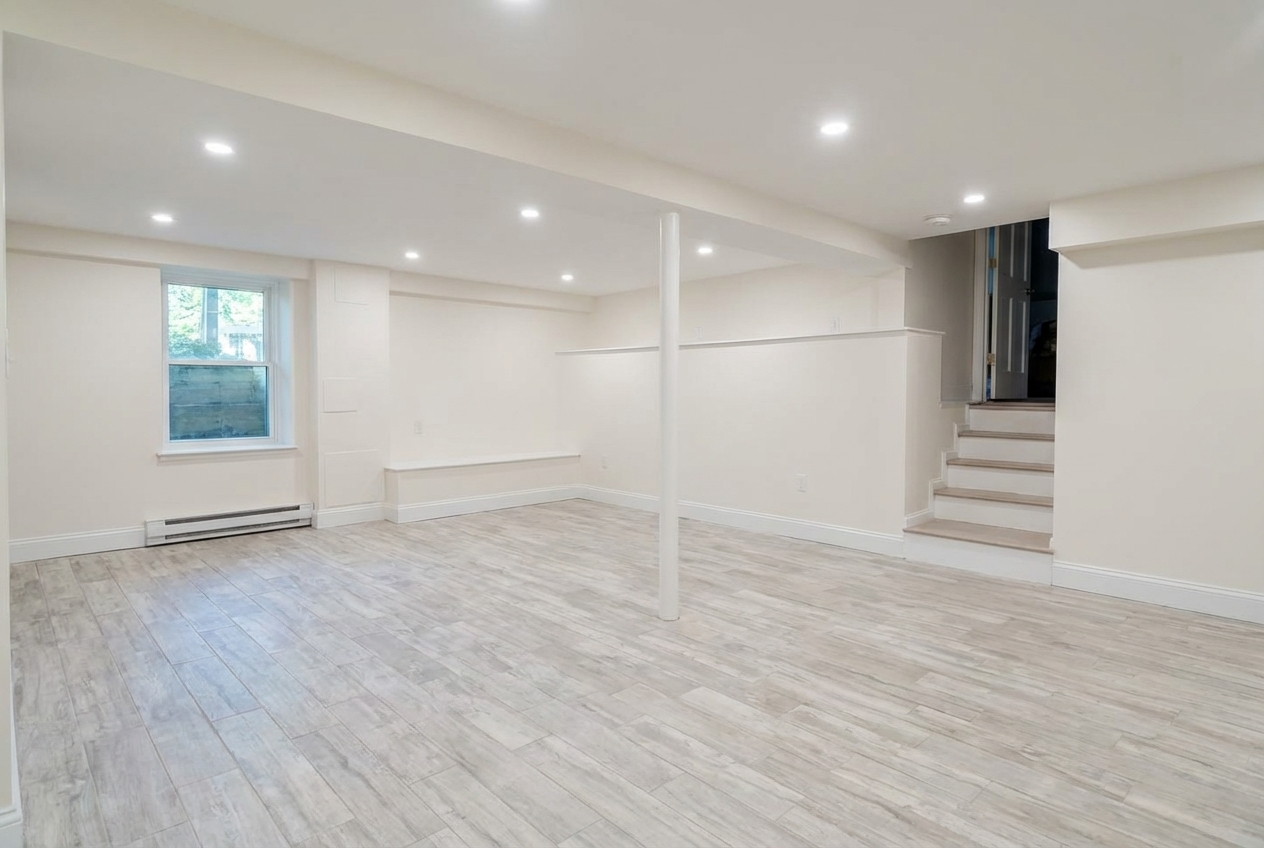 Empty finished basement with white walls, light wood flooring, a window, recessed lighting, a support pole, and stairs leading upstairs.