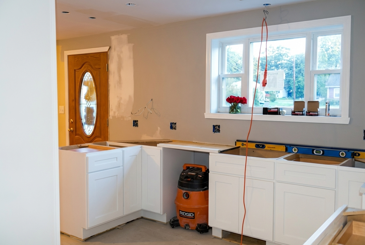 Kitchen under renovation with white cabinets, a window with a flower vase, and construction tools including a level and a vacuum cleaner.