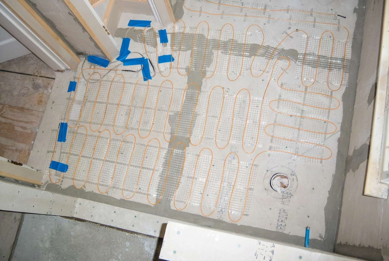 Underfloor radiant heating system installed in construction site, with orange tubing arranged in loops on the floor, blue tape securing the tubing, and partial drywall framing around.