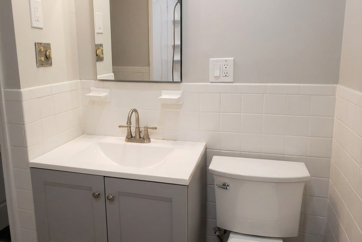 Bathroom with a mirror, white tiled walls, grey vanity with a white sink, and a white toilet.