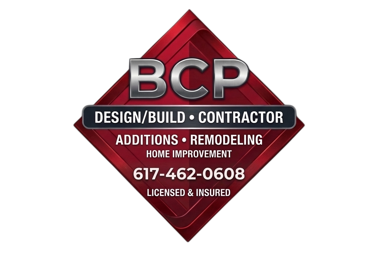 Red diamond-shaped logo for BCP contractor with text advertising design, build, remodeling, home improvement, phone number, and licensed insured status.