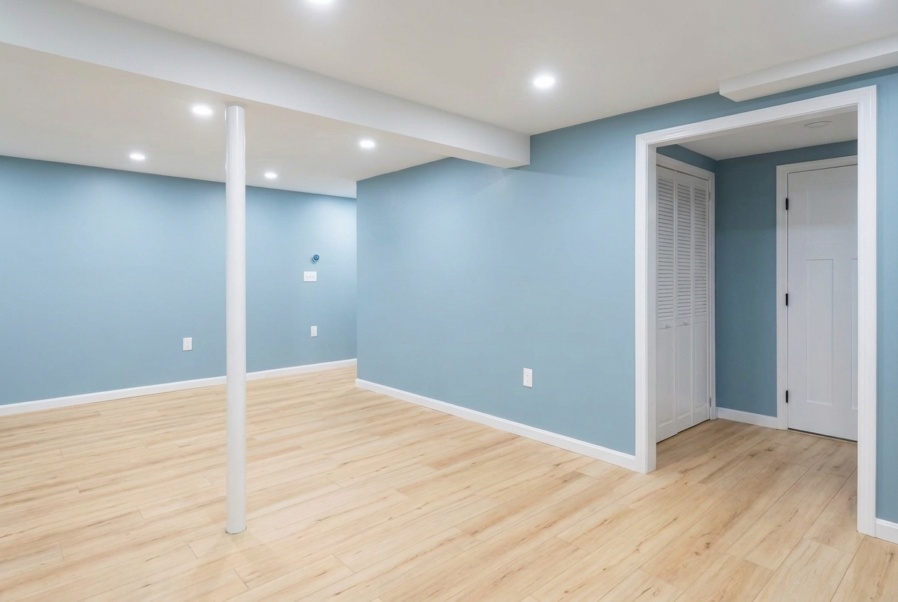Empty basement room with light blue walls, oak hardwood floors, white trim, and a white support pole in the center. There are multiple ceiling lights, a closet with louvered doors, and a white door.